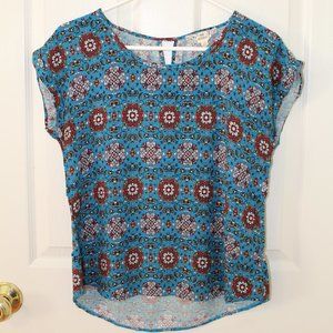 Pink Republic Teal Floral Tile Short Sleeve Shirt